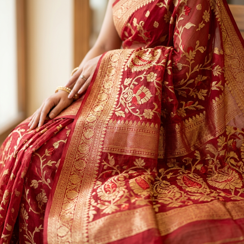 Exquisite Bangladeshi Jamdani Saree Gold Embroidery